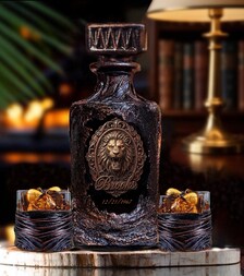 "Personalized lion whiskey decanter set with custom Leo monogram, lead-free glass and natural wood tray"